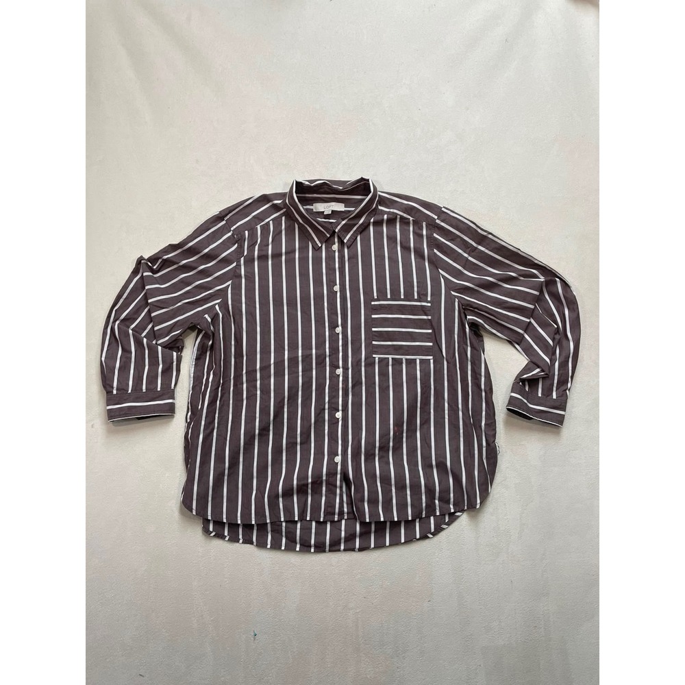 Loft Womens XL Brown White Striped Button Down Cotton Shirt Long Sleeve Pocket